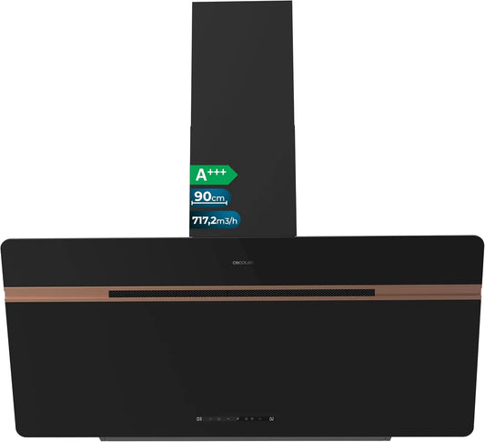 Cecotec Bolero Flux DT Cappa aspirante, 90 cm, 717, 2 m3/h, classe energetica A, cappa da cucina, Boost, nero, Vetro Opaco, Lucido, Dettagli Rame