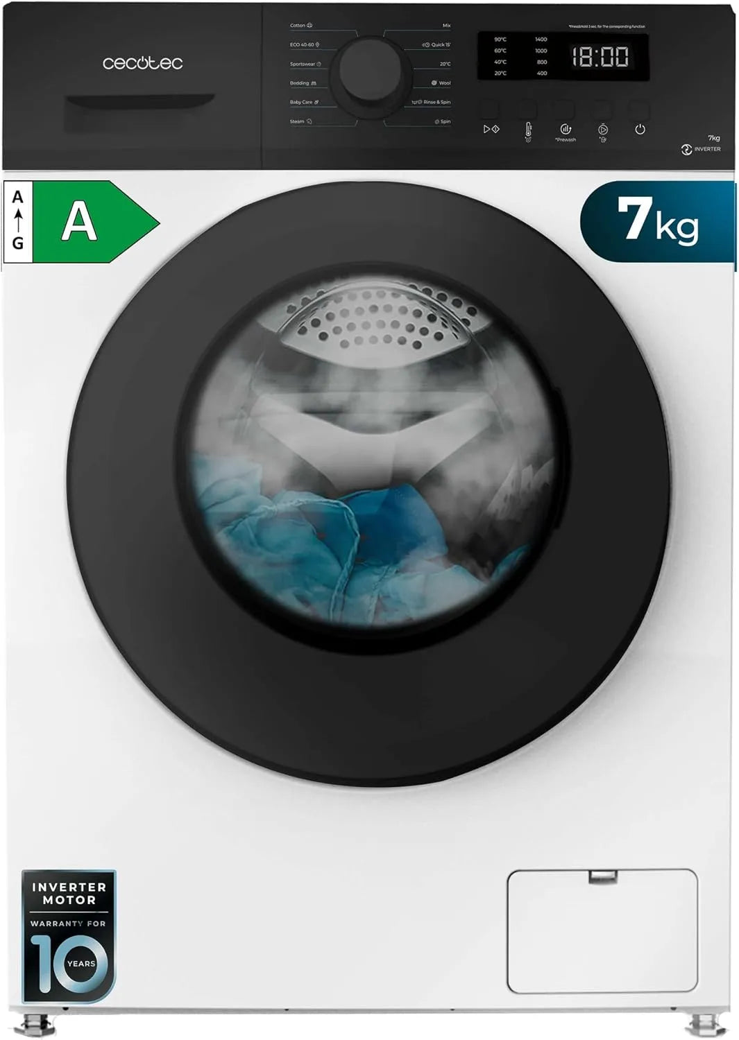 Cecotec Bolero Dresscode 7150 Lavatrice, 12 programmi, 7 kg, classe energetica A, blocco bambini, Inverter, 1400 Rpm, Steammax, Drum Clean