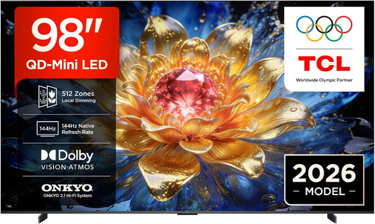 TCL 98T8D Smart TV, 98 pollici, 144 Hz, televisore, 4K UHD, HDR, 144Hz VRR, pensato per il gaming