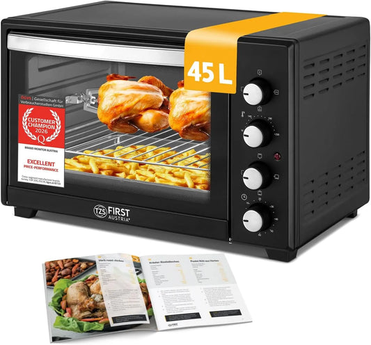 Forno elettrico per pizza, 45 L, 2000 W, timer, compatto, rivestimento antiaderente, 2 zone di temperatura, TZS First Austria, 4 altezze di, griglia e