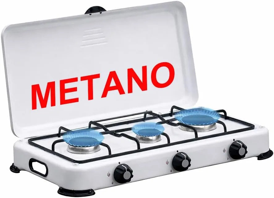 Prodotto Con maniglie per facilitarne il trasporto 58x30, Fornello Fornellino a Gas METANO Da Campeggio 3 Fuochi con Bruciatori in Ghisa Rimovibili