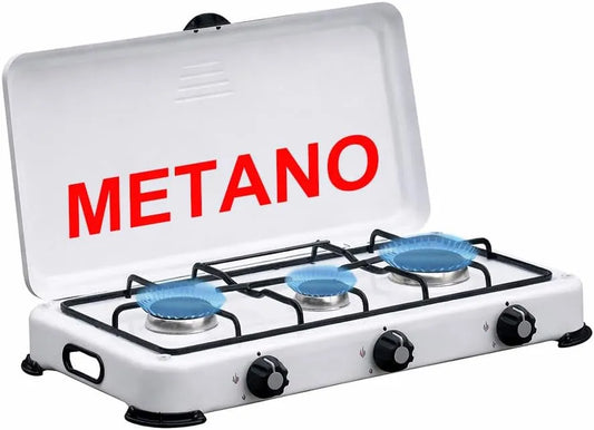 Prodotto Con maniglie per facilitarne il trasporto 58x30, Fornello Fornellino a Gas METANO Da Campeggio 3 Fuochi con Bruciatori in Ghisa Rimovibili