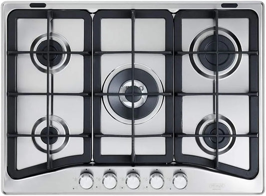 Delonghi Piano cottura a gas, 68 CM, 5 fuochi, da incasso, ghisa, acciaio inox, fornello a gas