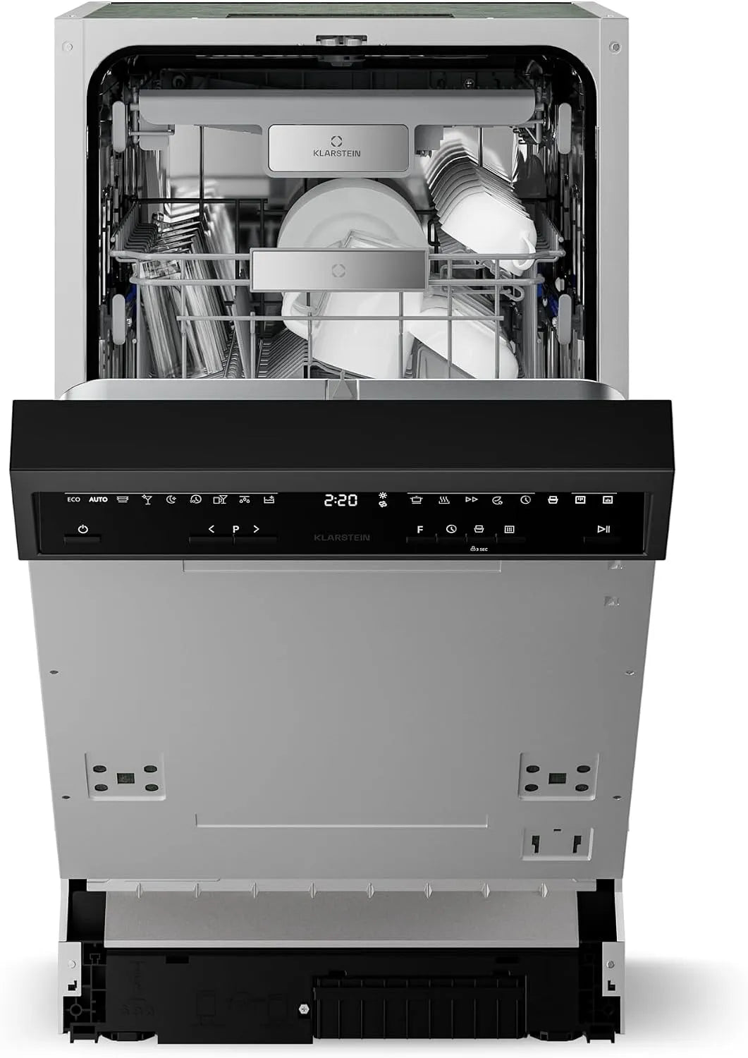 Klarstein Lavastoviglie, 45cm, 9 programmi, 42 dB, classe energetica B, aquaStop, formato slim, da incasso, blocco bambini, 10 Coperti, Display