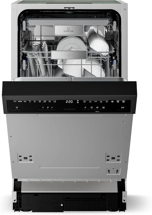 Klarstein Lavastoviglie, 45cm, 9 programmi, 42 dB, classe energetica B, aquaStop, formato slim, da incasso, blocco bambini, 10 Coperti, Display