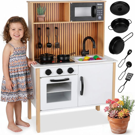 Forno a microonde GS0070, cucina moderna in legno per bambini dai 3 anni in su, Cucina per bambini in legno con luce e suono - Cucina giochi con