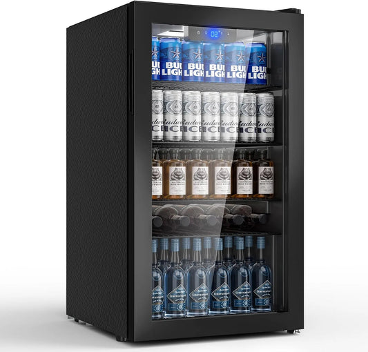 Frigorifero, 86 L, vetro, 86L per 130 lattine, bar, Mini-frigo con ripiani regolabili per birra, vino e bevande, Ideale per casa, ufficio