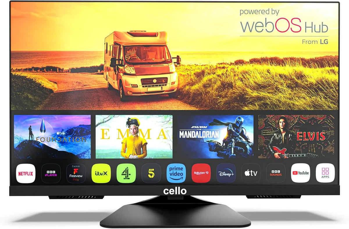 Apple Smart TV, 12 V, televisore, triplo tuner DVB-T2, S2, Bluetooth, campeggio, Caravanes Bateaux HGVS, Modello 2023, Cello 24'' Smart Camping Voyage