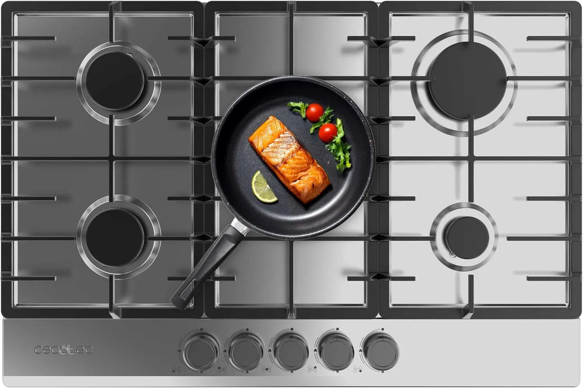 Cecotec 11 kW, Piastra a gas a 5 fuochi in acciaio inox, pronta per gas naturale, griglie complete in ghisa Bolero Squad GN 5200F, bruciatore wok