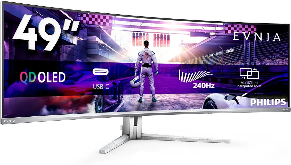 Philips 49M2C8900 HDMI2x Monitor, 48.9 pollici, 5120 × 1440, 0.03 ms, 240 Hz, OLED, pannello IPS, USB, argento, HDR400 TrueBlack, HDMI2x 2.1 DP 1x 1.4