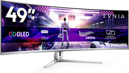 Philips 49M2C8900 HDMI2x Monitor, 48.9 pollici, 5120 × 1440, 0.03 ms, 240 Hz, OLED, pannello IPS, USB, argento, HDR400 TrueBlack, HDMI2x 2.1 DP 1x 1.4