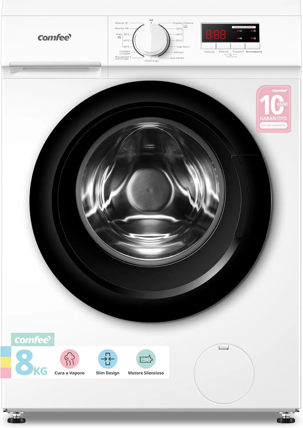 Lavatrice, 8 kg, classe energetica A, stretto, COMFEE' Lavatrice Slim 8 kg Classe A 1400 Giri Motore BLDC Silenzioso
