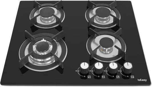 Piano cottura a gas, 60cm, 4 fuochi, da incasso, fornello a gas, Vetro con Protezione Termica Automatica, Gas Naturale e Propano