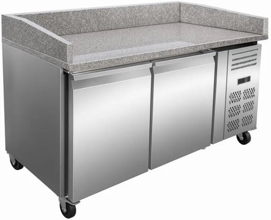 Prodotto 390L, Tavolo per pizza refrigerato in granito a 2 ante con backsplash, Tropicalizzato