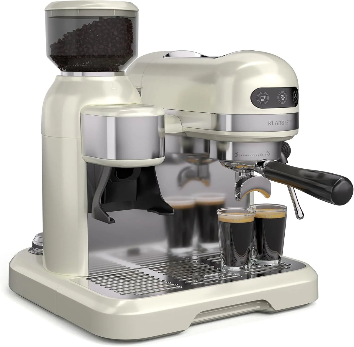 Klarstein Macchina per caffè Espresso, Bella Café, 19 Bar, 1550W 200g, Macinino Integrato da 200g, Serbatoio da 1, 4L, 2 Tazze, Montalatte Mobile