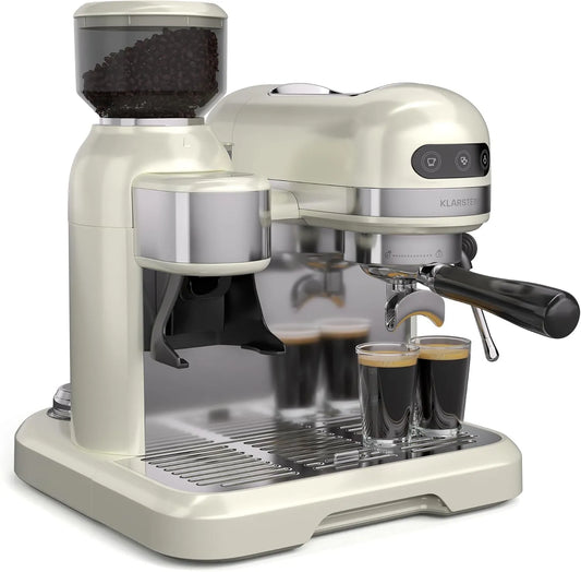 Klarstein Macchina per caffè Espresso, Bella Café, 19 Bar, 1550W 200g, Macinino Integrato da 200g, Serbatoio da 1, 4L, 2 Tazze, Montalatte Mobile