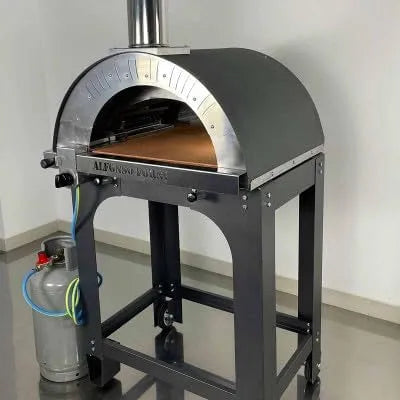 Forno elettrico per pizza, esterno, pietra refrattaria 3 cm, 500 gradi, bruciare e valvola GPL, 2 pizze, uso tradizionale a legna o con bruciatore a