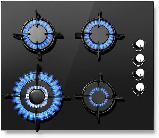 Piano cottura a gas, 60cm, 4 fuochi, 8000 W, fornello a gas, nero, 8000W, Gas naturale, Propano