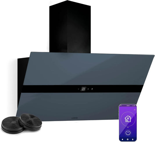 Klarstein 6000-6500K Cappa aspirante, 90cm, 110 W, 690 m3/h, cappa da cucina, touch, Wi-Fi, grigio, LED, Motore: 110W, ora, Efficienza Energetica A++
